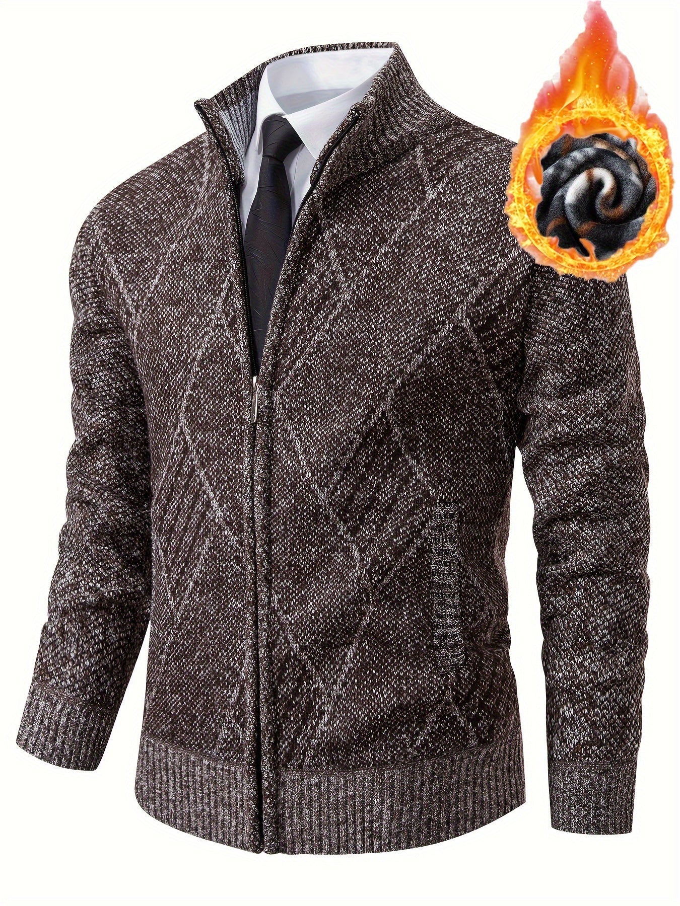 Loldeal Men'S Stand Collar Diamond Plaid Cardigan - Thick Warm Knit Open Front Sweater with Pockets, Solid Color Casual Fall/Winter Layering Essential, Cozy Clothing, Stylish Cardigan, Durable Construction, Warm Knitwear