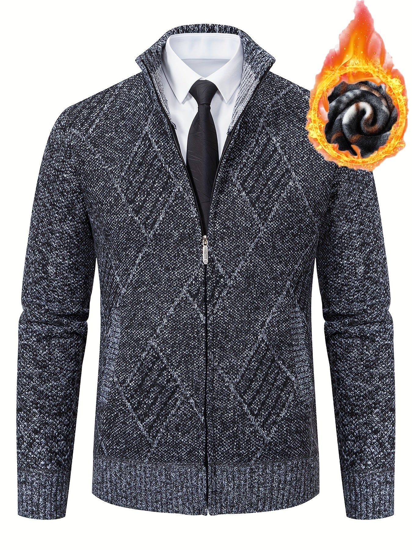Loldeal Men'S Stand Collar Diamond Plaid Cardigan - Thick Warm Knit Open Front Sweater with Pockets, Solid Color Casual Fall/Winter Layering Essential, Cozy Clothing, Stylish Cardigan, Durable Construction, Warm Knitwear