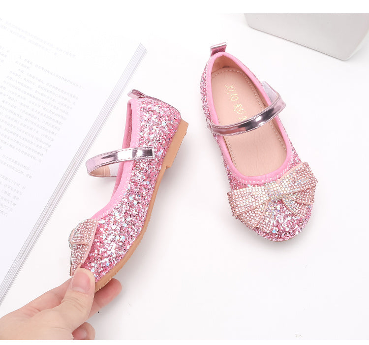 Sparkling Princess Mary Jane Ballet Flats - Soft Sole, Glitter Sequin, Rhinestone Bow Girls Shoes for Everyday Wear - Comfortable, Fashionable, and Durable