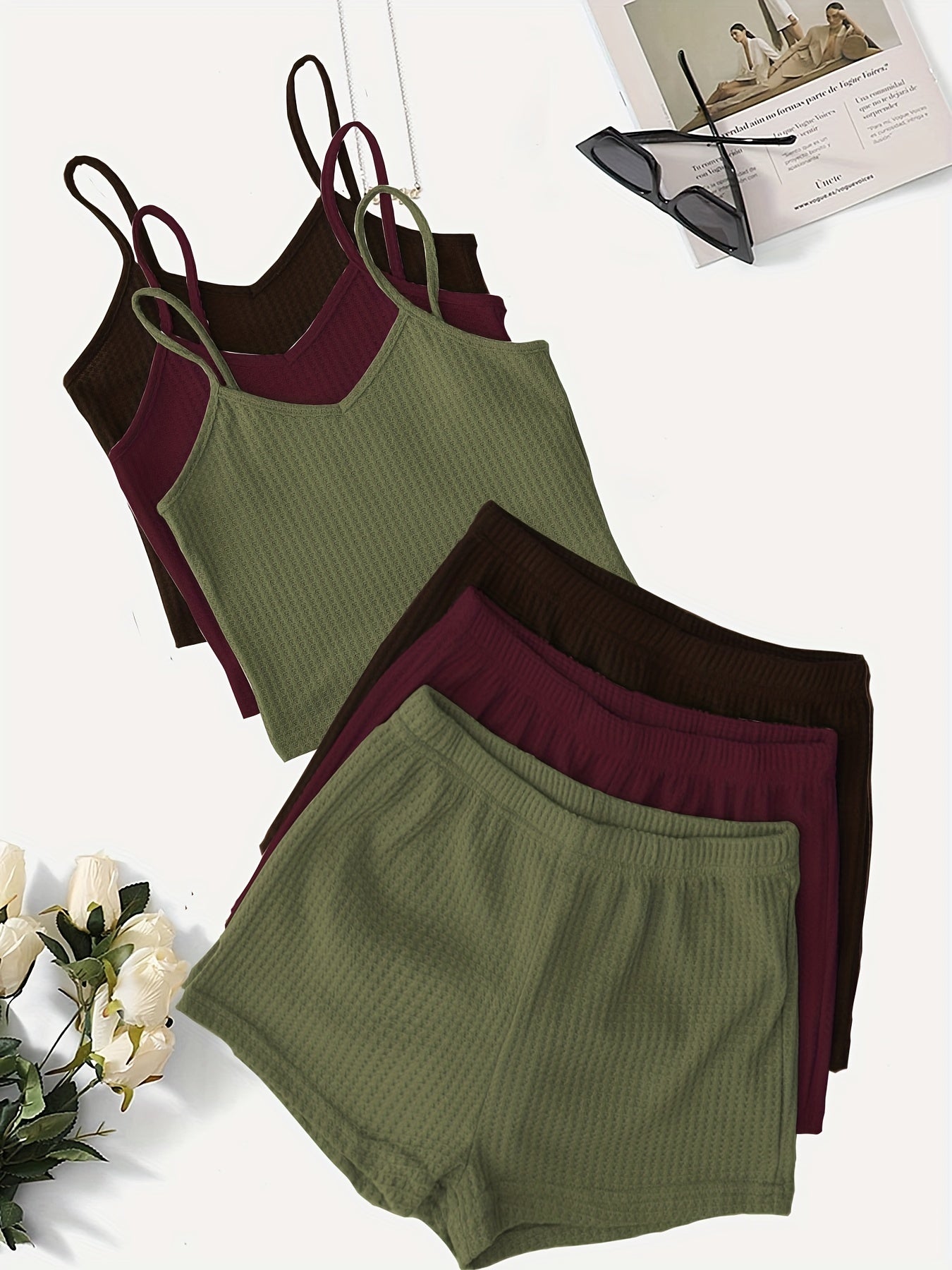 Women'S Elegant Waffle Cami & Shorts Set - Soft Pink & Mint Green, Sleeveless V-Neck Top with Ruffled Straps, High-Waisted Drawstring Shorts, Casual & Comfortable for Spring/Summer, Summer Outfit | Sleeveless Top | Texture