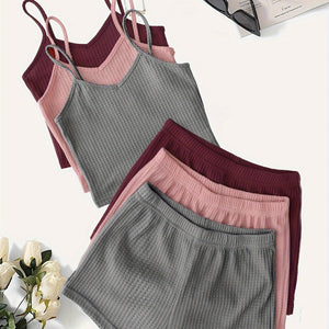 Women'S Elegant Waffle Cami & Shorts Set - Soft Pink & Mint Green, Sleeveless V-Neck Top with Ruffled Straps, High-Waisted Drawstring Shorts, Casual & Comfortable for Spring/Summer, Summer Outfit | Sleeveless Top | Texture