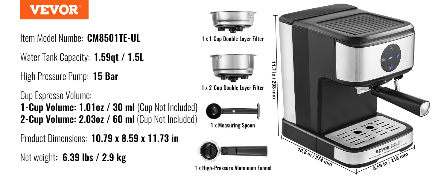 VEVOR Espresso Machine 15 Bar Coffee and Espresso Maker with Milk Frother Steam Wand Professional Semi-Automatic Latte Machine - You Offer