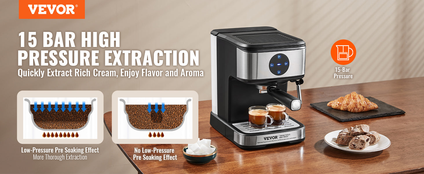 VEVOR Espresso Machine 15 Bar Coffee and Espresso Maker with Milk Frother Steam Wand Professional Semi-Automatic Latte Machine - You Offer