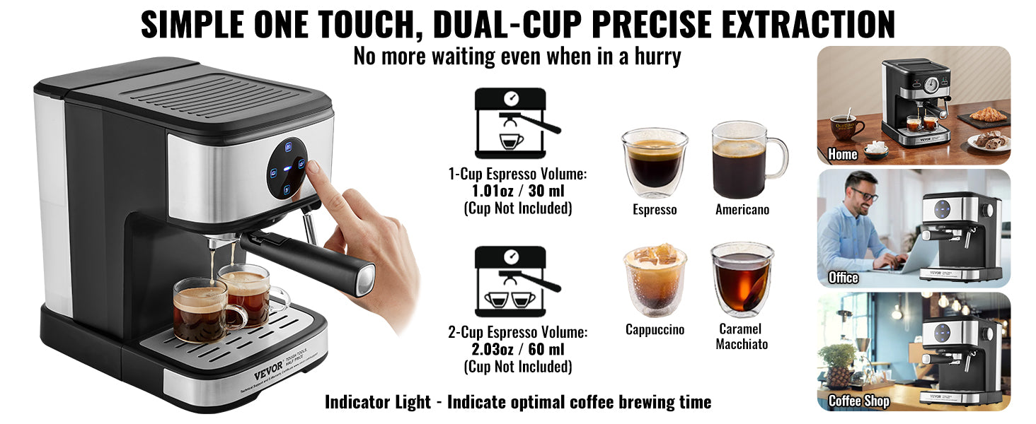 VEVOR Espresso Machine 15 Bar Coffee and Espresso Maker with Milk Frother Steam Wand Professional Semi-Automatic Latte Machine - You Offer