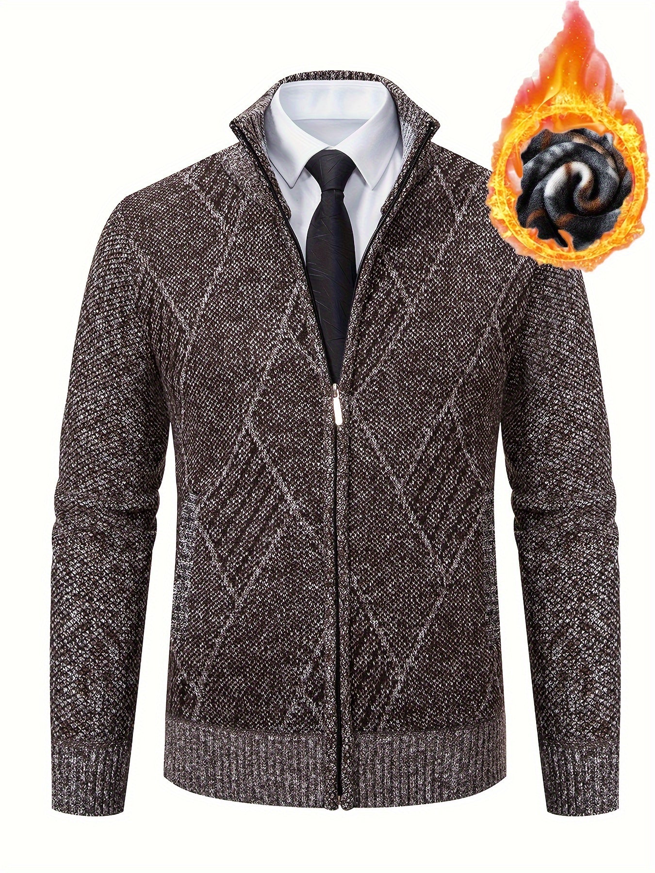 Loldeal Men'S Stand Collar Diamond Plaid Cardigan - Thick Warm Knit Open Front Sweater with Pockets, Solid Color Casual Fall/Winter Layering Essential, Cozy Clothing, Stylish Cardigan, Durable Construction, Warm Knitwear