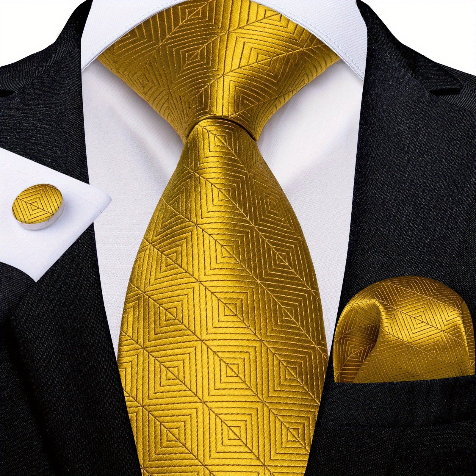 Classic Striped Tie Set For Men Blue Yellow Ties Trendy Woven Necktie Hanky Cufflinks Set Business Tie, Ideal choice for Gifts