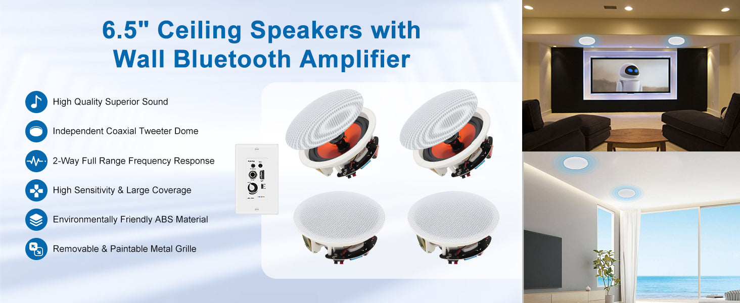 Herdio 6.5'' 4PCS Bluetooth In Ceiling Speakers 600W 2-Way Flush Mount Speakers System With Wall Amplifier Receiver For Bathroom