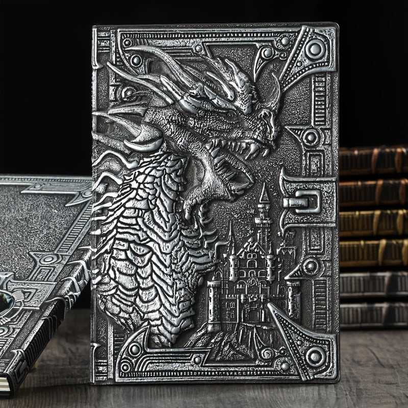 AOXUNDIY Embossed Dragon Journal Notebook, Animal Theme Plain Ruling Writing Pad with 3D Metal Dinosaur Design, Dinosaur Room Decor