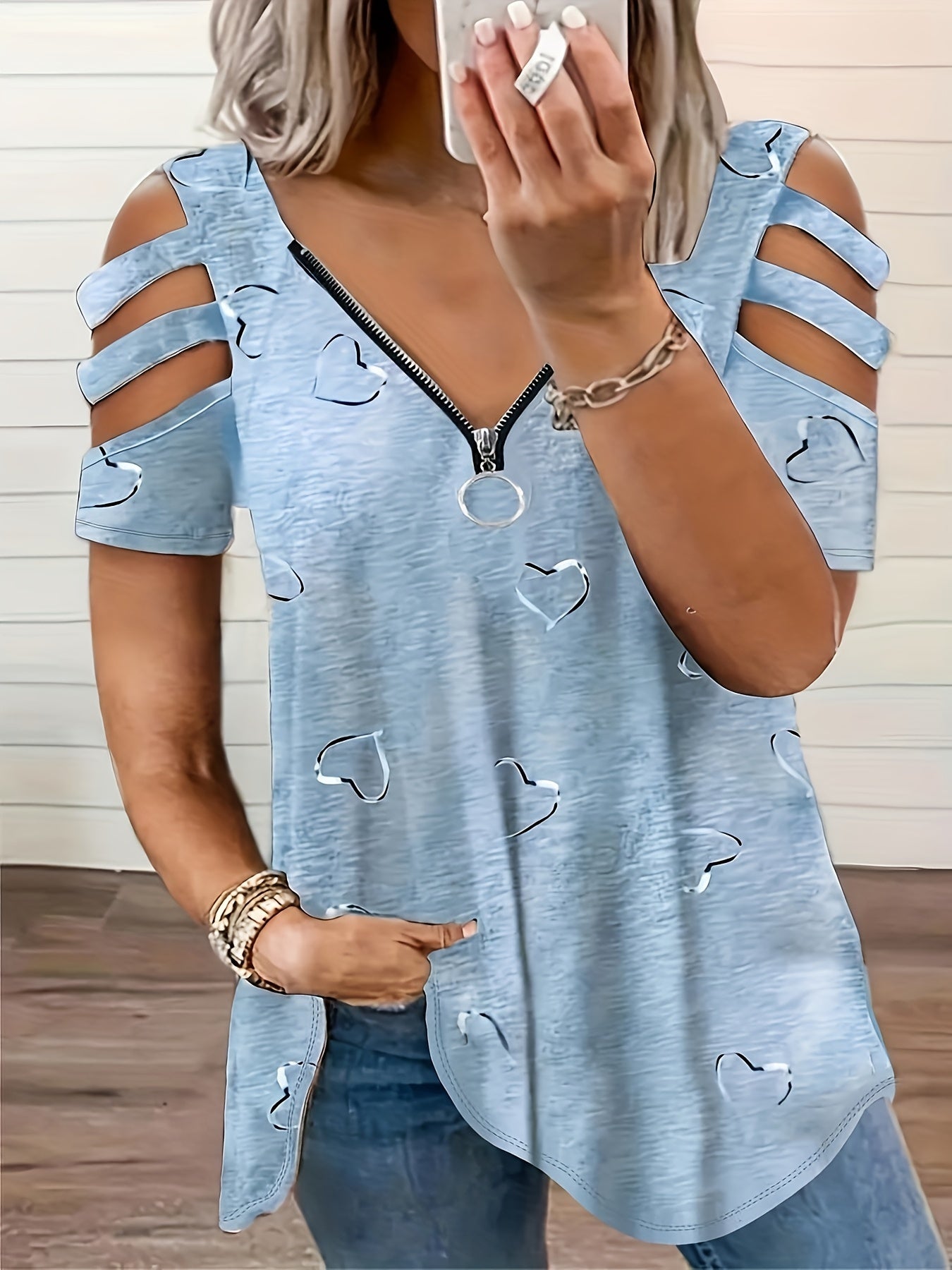 2021 Women's V-Neck Zipper Printed T-Shirt - Soft, Casual, Loose Fit for Daily Wear