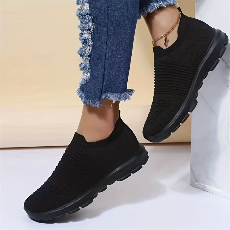 Women's Knit Soft Sole Breathable Mesh Sneakers, Solid Color Slip On Shoes, Women's Footwear