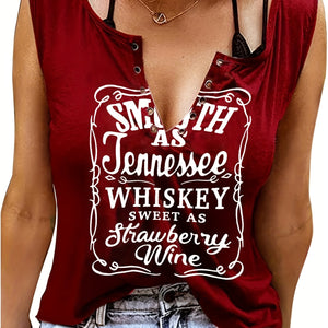 [Country Music Tank Top] Soft Pink Women's Tank Top | Smooth As Tennessee Whiskey Sweet As Strawberry Wine Sleeveless V-Neck Casual Shirt with Bold Letter Print, Thick Strap Country Music Style, Machine Washable All-Season We
