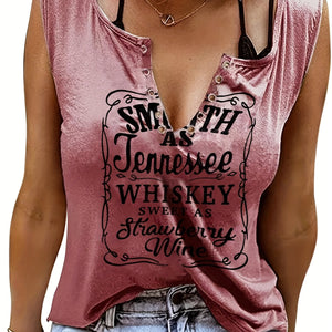 [Country Music Tank Top] Soft Pink Women's Tank Top | Smooth As Tennessee Whiskey Sweet As Strawberry Wine Sleeveless V-Neck Casual Shirt with Bold Letter Print, Thick Strap Country Music Style, Machine Washable All-Season We