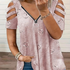 2021 Women's V-Neck Zipper Printed T-Shirt - Soft, Casual, Loose Fit for Daily Wear