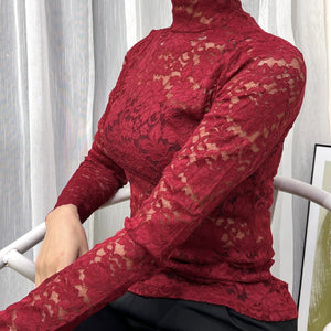 Slim Sexy Long Sleeve Lace Mock Neck Top - Women's Spring & Fall Clothing