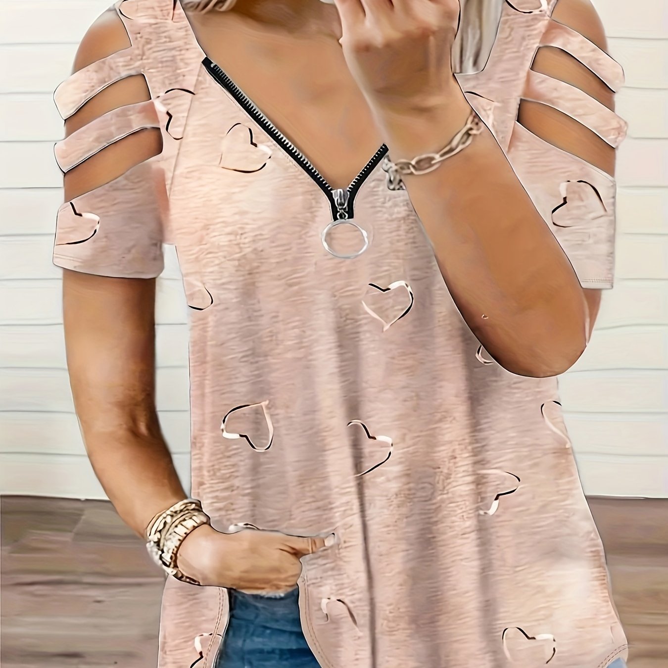 2021 Women's V-Neck Zipper Printed T-Shirt - Soft, Casual, Loose Fit for Daily Wear