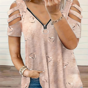 2021 Women's V-Neck Zipper Printed T-Shirt - Soft, Casual, Loose Fit for Daily Wear