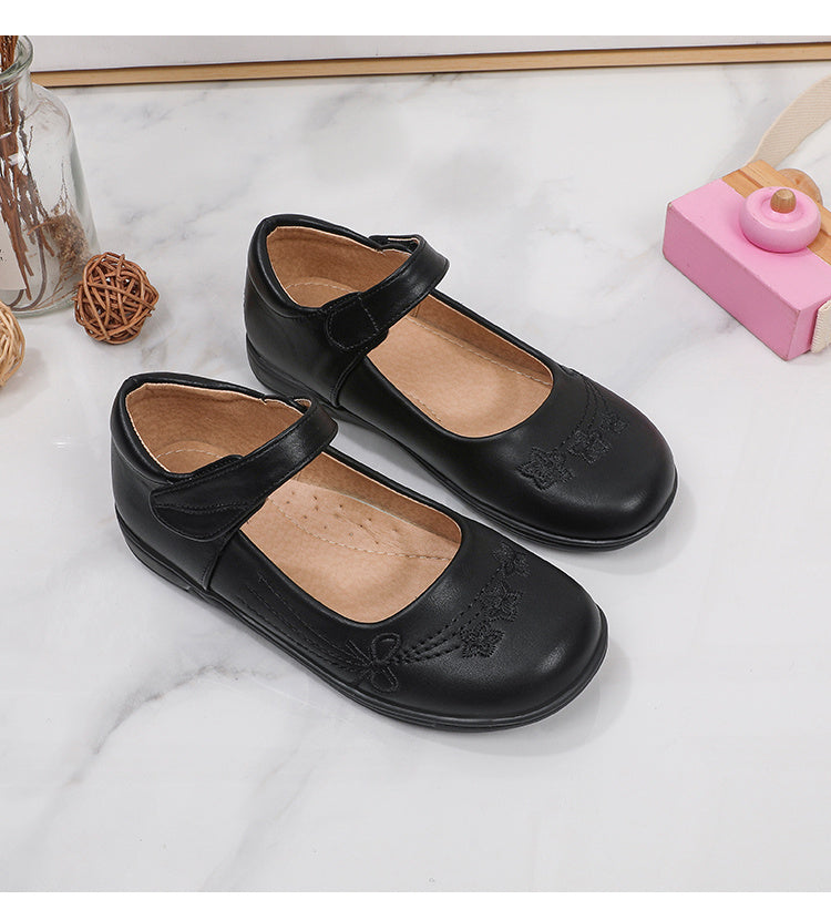 [School Essential] Girls' Black Mary Jane Flats with Bow Detail - Non-Slip, Comfortable PU Insole, Round Toe Casual & Performance Shoes for Students, Perfect for Spring/Autumn, Casual Youngsters Shoes|Strap Adornment Footwear