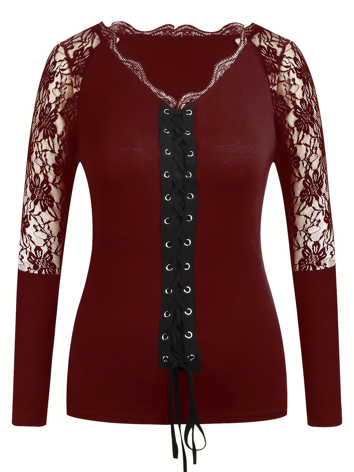 [Sexy Blouse] Sexy V Neck Lace Long Sleeve Blouse Tops | Womens Gothic Casual US