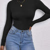 [Chic Crop Top] Stretchy Polyester Blend Women's High-Neck Long Sleeve Crop Top | Casual Chic Fit with Button Detail, Perfect for Fall/Winter, Minimalist Style