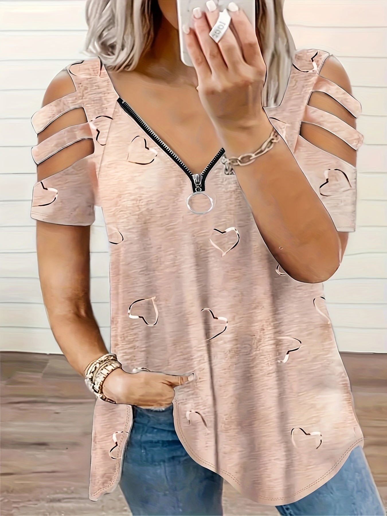 2021 Women's V-Neck Zipper Printed T-Shirt - Soft, Casual, Loose Fit for Daily Wear