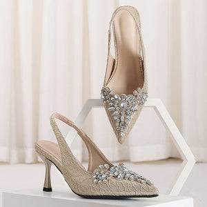 Women'S Rhinestone-Embellished Pointed-Toe Stiletto Heel Pumps - Glamorous Striped Fabric Upper with Adjustable Ankle Straps & Sparkling Embellishments, PU Sole for Spring Formal Events, High Heel Shoes, Formal Footwear, Glam