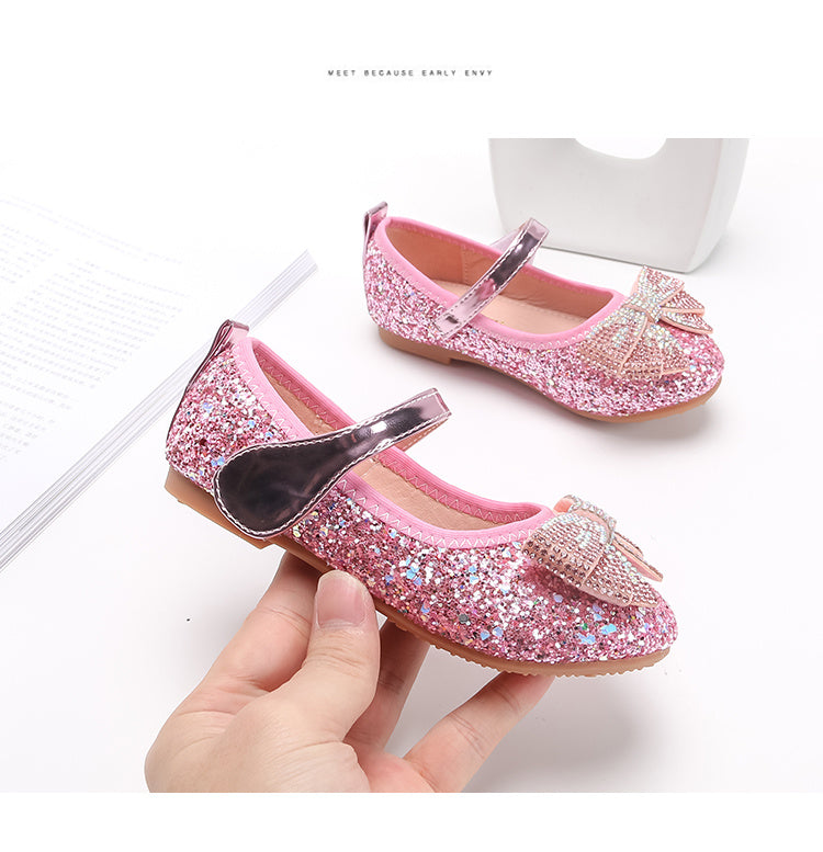 Sparkling Princess Mary Jane Ballet Flats - Soft Sole, Glitter Sequin, Rhinestone Bow Girls Shoes for Everyday Wear - Comfortable, Fashionable, and Durable