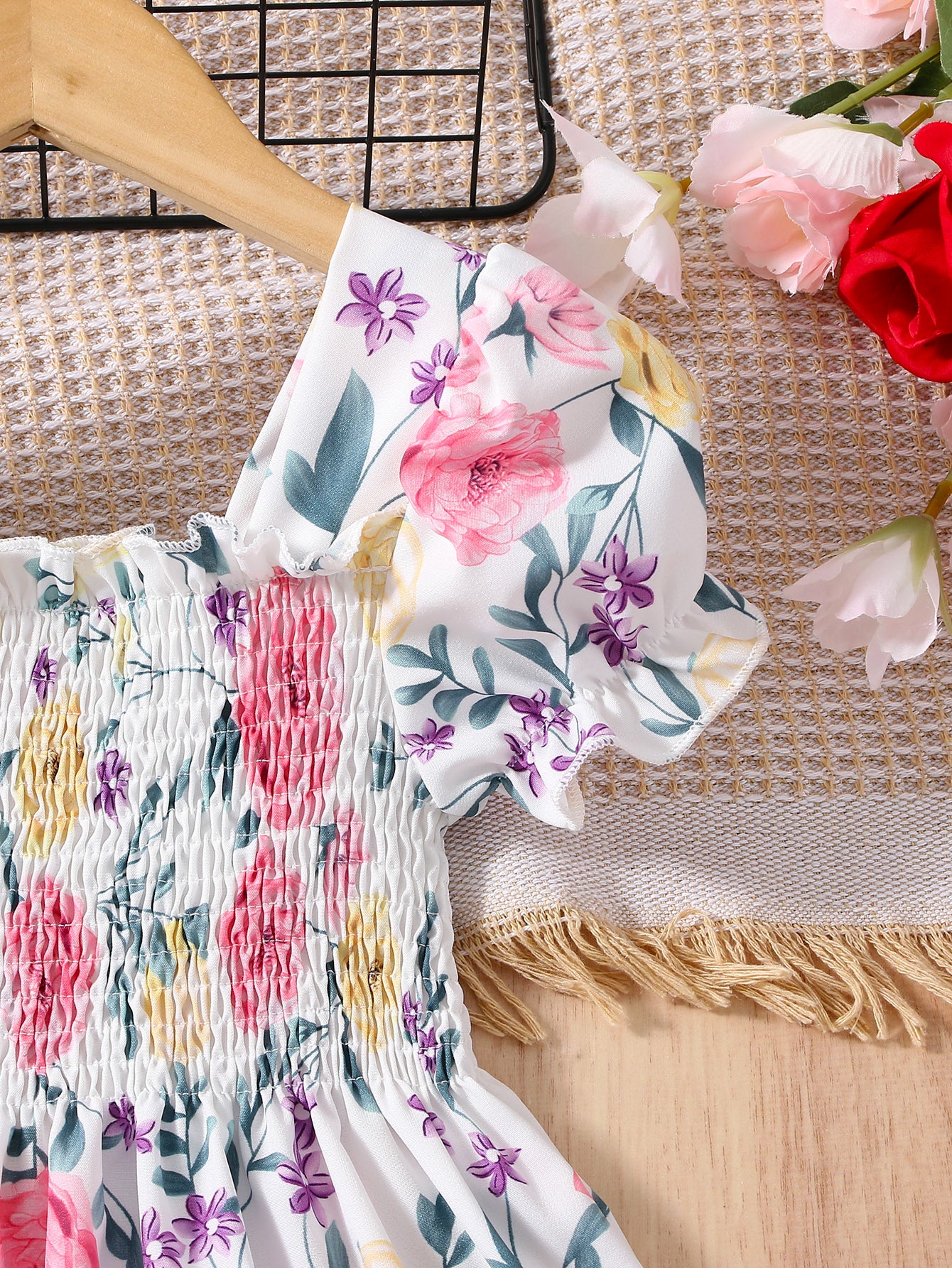 [Floral Party Dress] Floral Puff Sleeve Girls Party Dress | Shirred Ruffled Hem Kids Summer Clothes