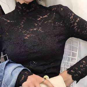 Slim Sexy Long Sleeve Lace Mock Neck Top - Women's Spring & Fall Clothing