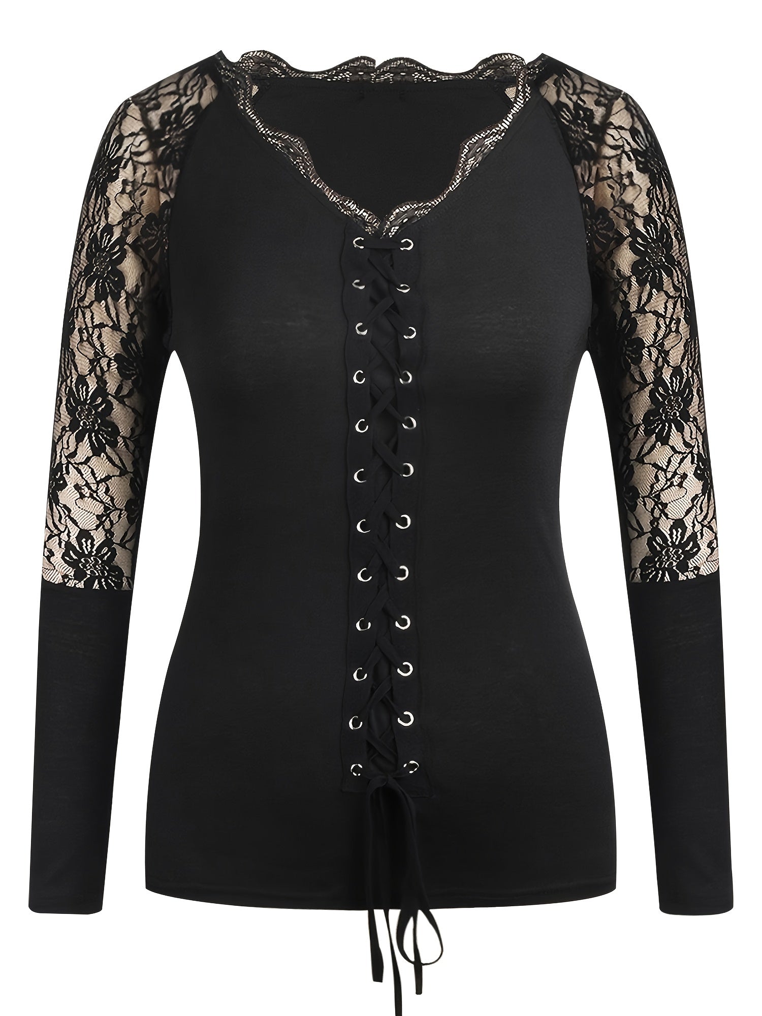 [Sexy Blouse] Sexy V Neck Lace Long Sleeve Blouse Tops | Womens Gothic Casual US