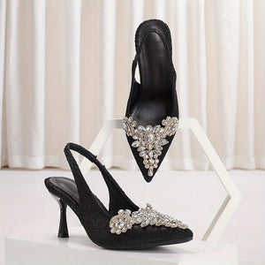 Women'S Rhinestone-Embellished Pointed-Toe Stiletto Heel Pumps - Glamorous Striped Fabric Upper with Adjustable Ankle Straps & Sparkling Embellishments, PU Sole for Spring Formal Events, High Heel Shoes, Formal Footwear, Glam