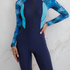 Colorblock Long Sleeves One-Piece Swimsuit Women, Zip Front Rash Guard Round Neck Tummy Control Bathing Suit, Women's Swimwear & Clothing