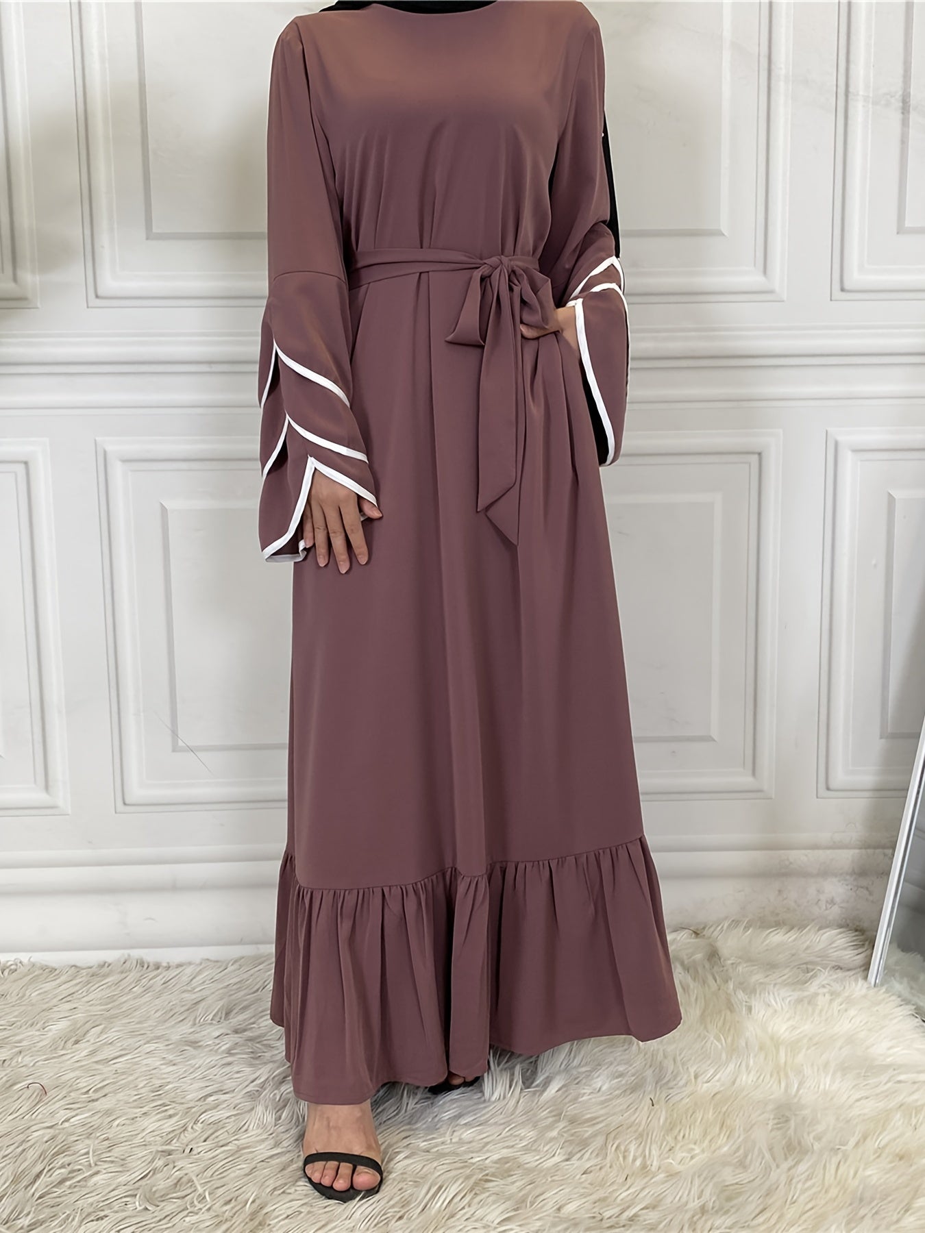 Solid Petal Sleeve Crew Neck Loose Modest Dress, Elegant Tie Waist Ruffled Hem Dress, Women's Clothing