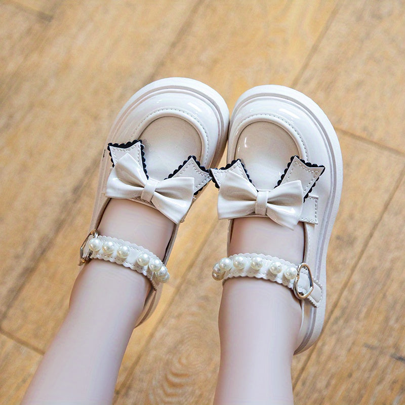 Girls Princess Dress Shoes - Classic Mary Jane Design, Square Toe, Ultra Soft Sole, Anti Slip, Adjustable Ankle Strap - Exquisite Faux Pearl Chain Decor, Perfect for Special Occasions