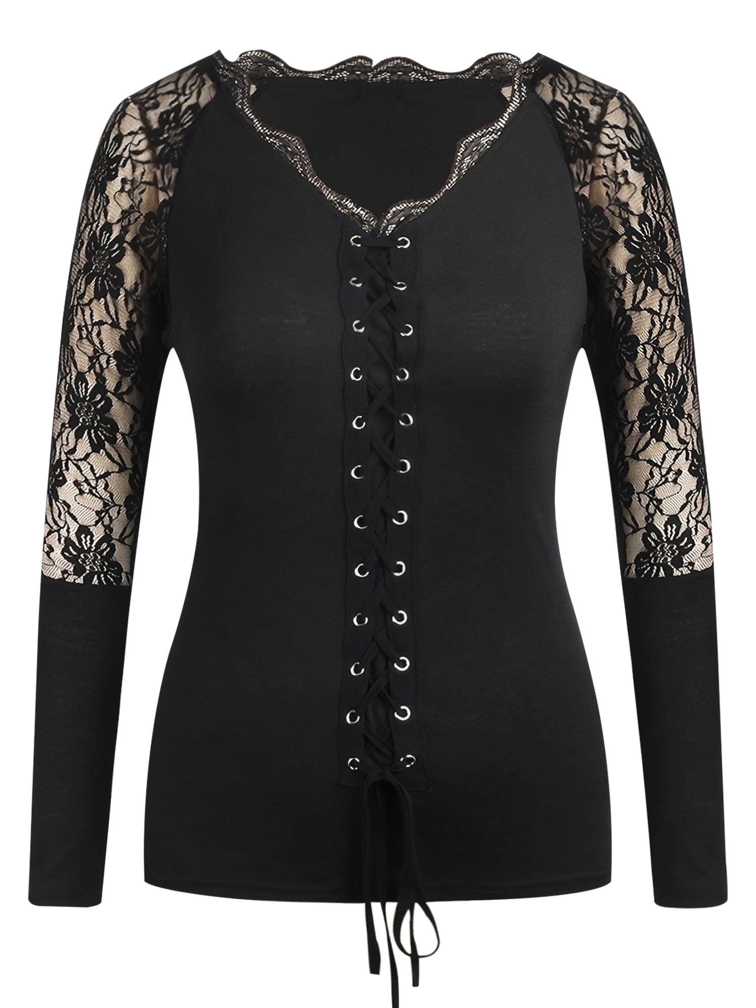 [Sexy Blouse] Sexy V Neck Lace Long Sleeve Blouse Tops | Womens Gothic Casual US