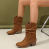 Mid Calf Women's Slouch Boots, Solid Color V-cut Slip On Cowgirl Low Heel Block Stacked Heels