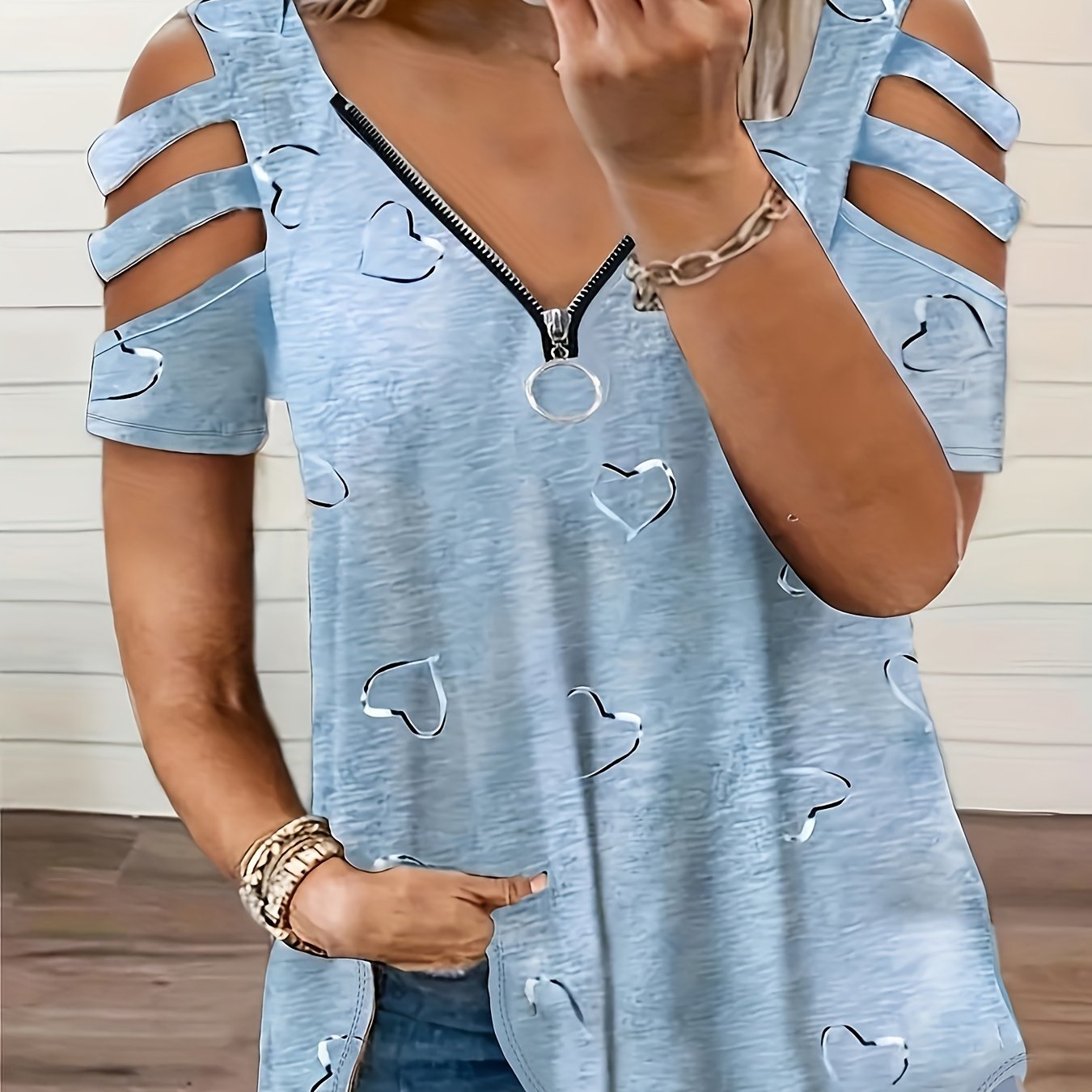 2021 Women's V-Neck Zipper Printed T-Shirt - Soft, Casual, Loose Fit for Daily Wear