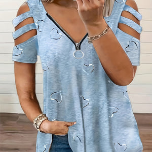 2021 Women's V-Neck Zipper Printed T-Shirt - Soft, Casual, Loose Fit for Daily Wear