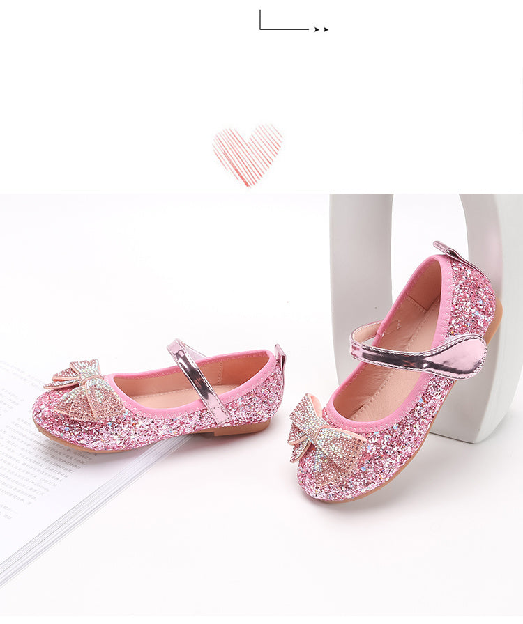 Sparkling Princess Mary Jane Ballet Flats - Soft Sole, Glitter Sequin, Rhinestone Bow Girls Shoes for Everyday Wear - Comfortable, Fashionable, and Durable