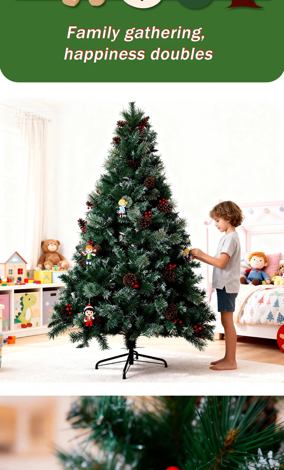 180cm Best artificial christmas trees 6ft Pre-Lit Artificial Spruce Christmas Tree with Large Pinecones, Red Berries