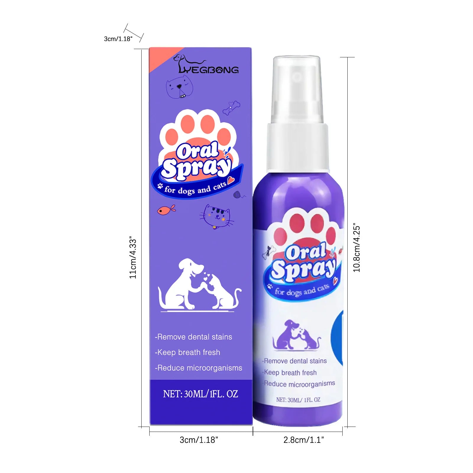 Yegbong 30ml Pet Teeth Cleaning Spray Cats Dogs Whitening Remove Bad Breath Tooth Stains Calculus Deodorant Pet Oral Care Spray