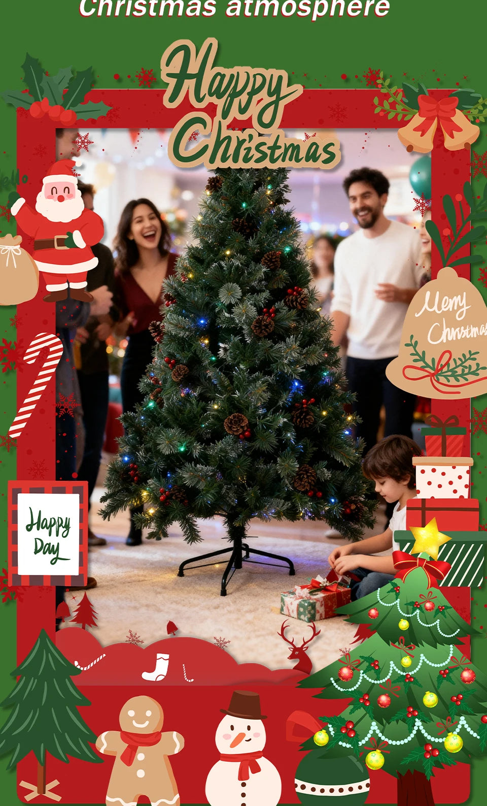 180cm Best artificial christmas trees 6ft Pre-Lit Artificial Spruce Christmas Tree with Large Pinecones, Red Berries