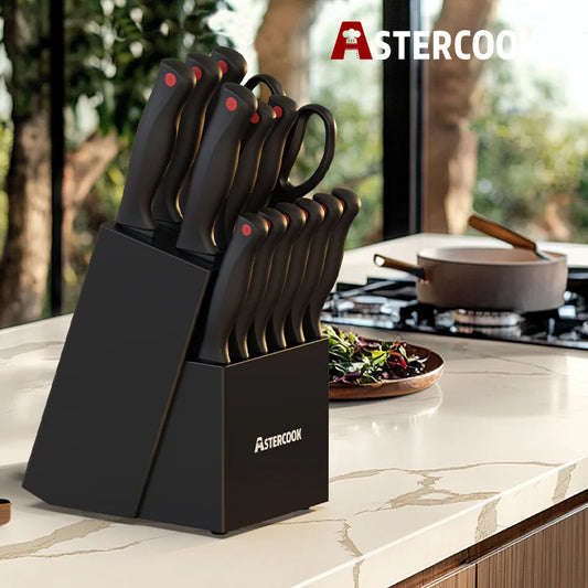 15PCS/ Astercook Knife Set with Sharpener Block - German Stainless Steel, Dishwasher Safe Kitchen Knife with Built-in Sharpener - You Offer