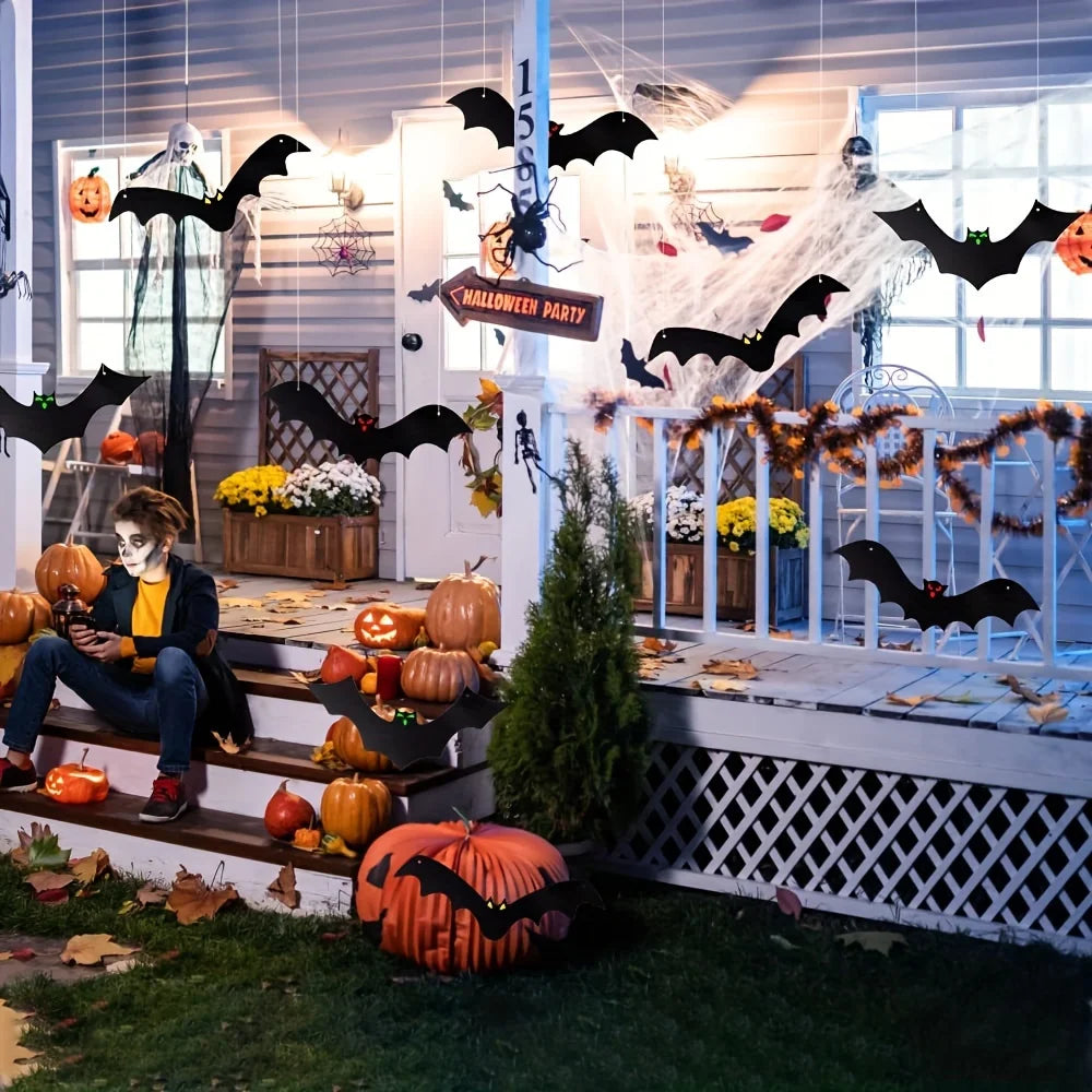 12 Pcs Halloween Christmas Party Decorations Flying Bats with Glowing Eyes Outdoor Yard Tree Hanging Wind Chimes Home Decor