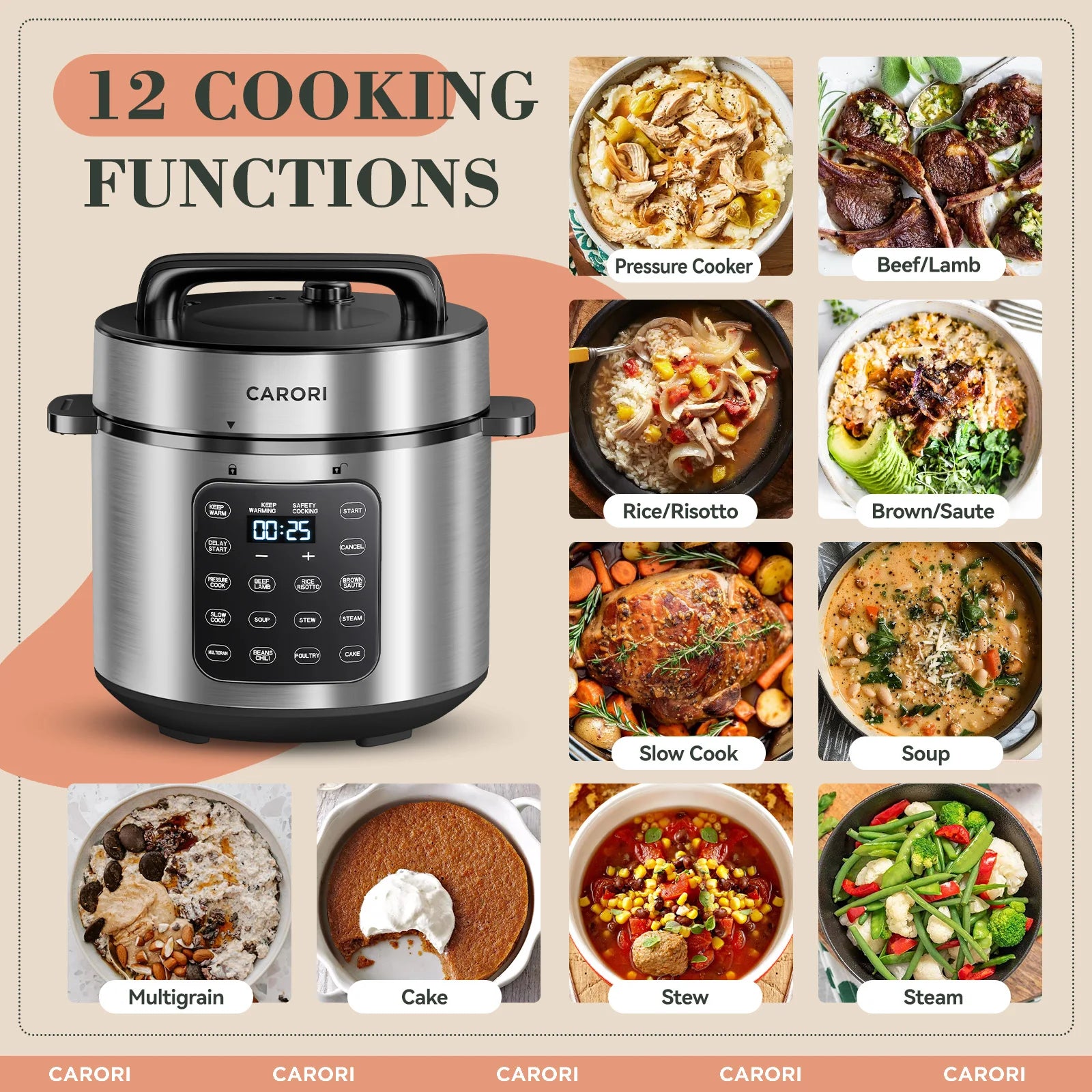 CARORI 12-in-1 Electric Pressure Cooker 6 Quart, Rice Cooker, Steamer, Sauté, Warmer, Includes Free Recipes and Steam Rack - You Offer