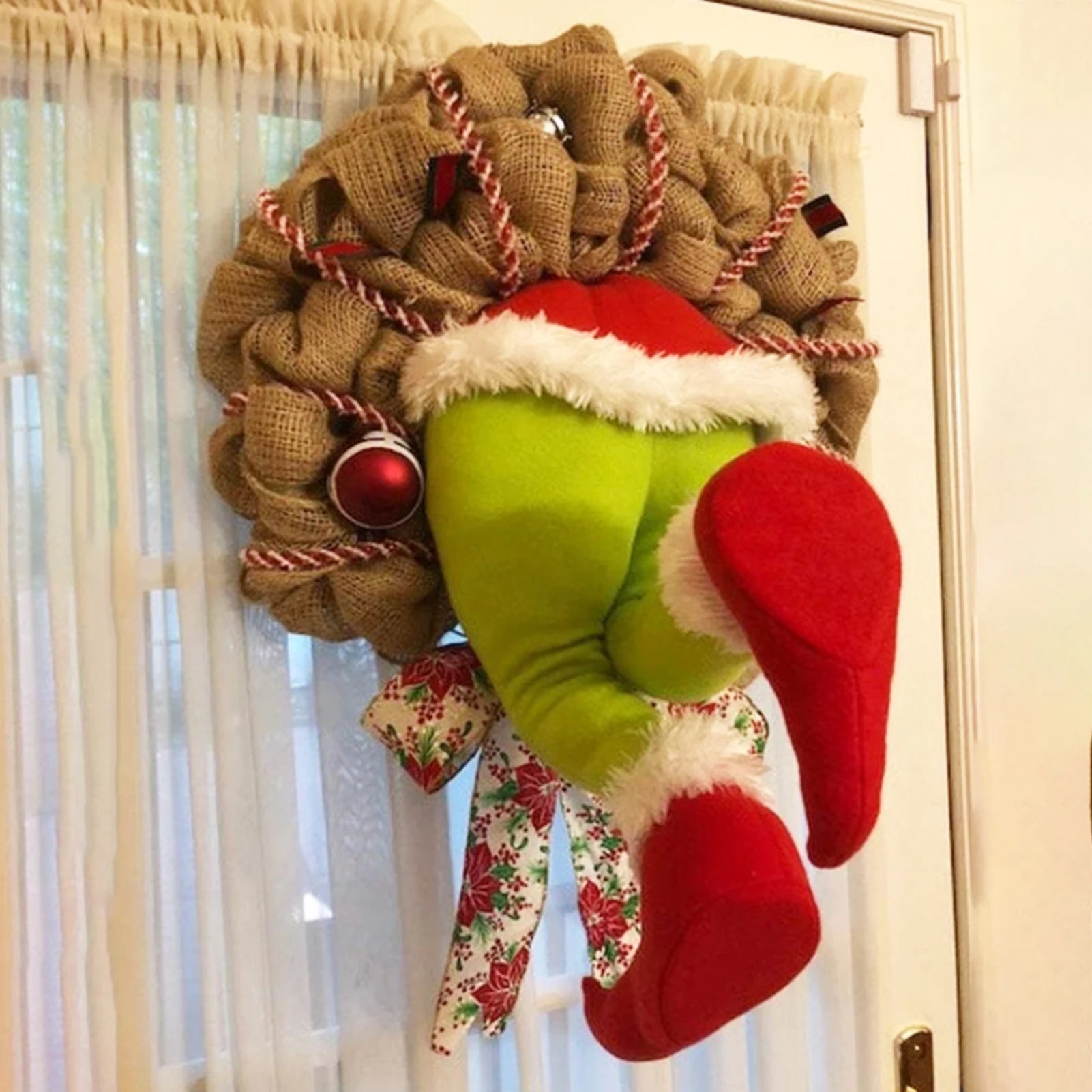 17.72inch Christmas Thief Wreath，Christmas Elf Leg Wreath， Christmas Burlap Wreath， Holiday Decoration