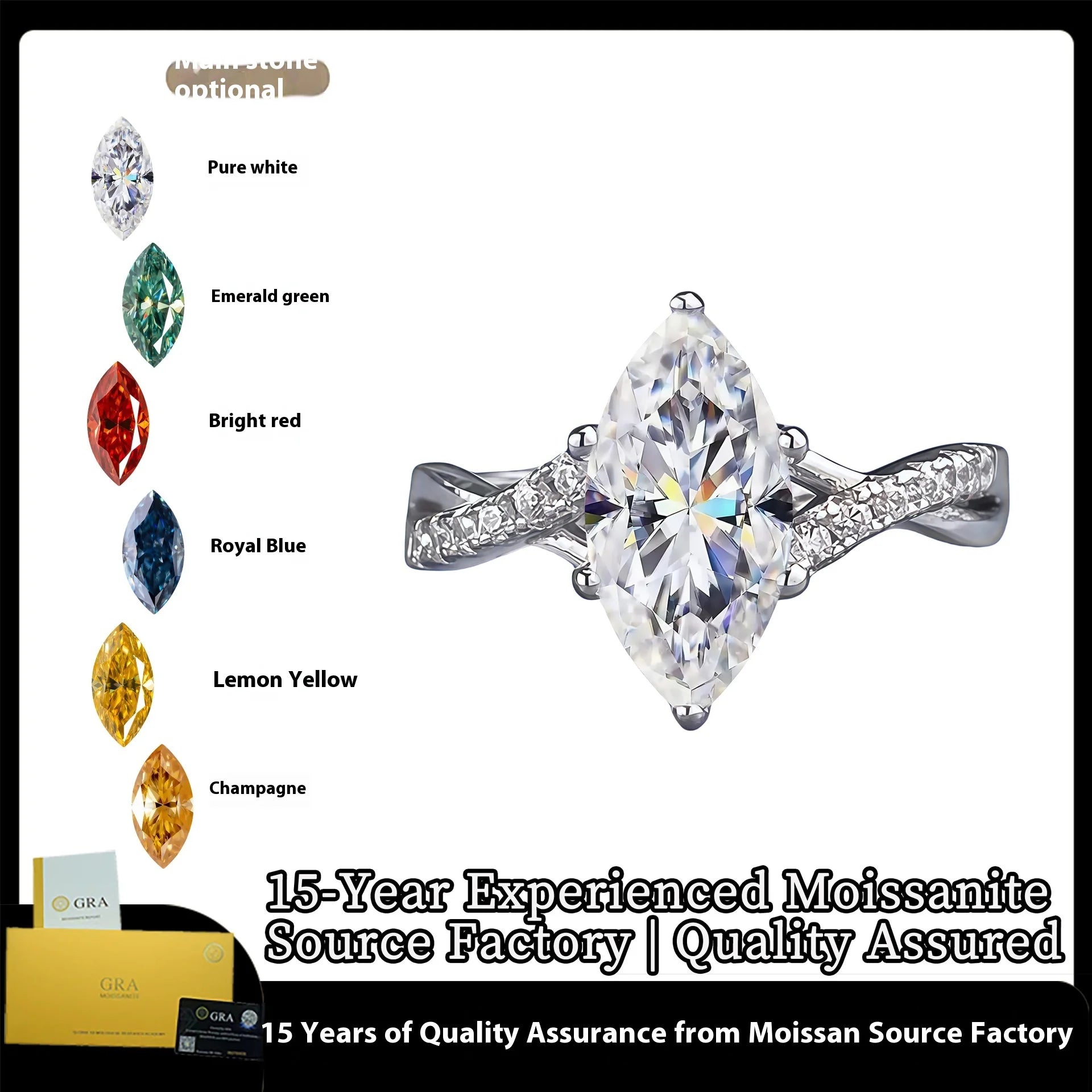 XH 2 Karat 6*12 White Color Horse Eye-shaped Moissanite Diamond Ring S925 Silver Hot Cross-border E-commerce Product - You Offer