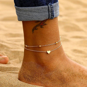 LETAPI Two Layers Chain Heart Style Gold/Silver Color Anklets For Women Bracelets Summer Barefoot Sandals Jewelry On Foot Leg - You Offer