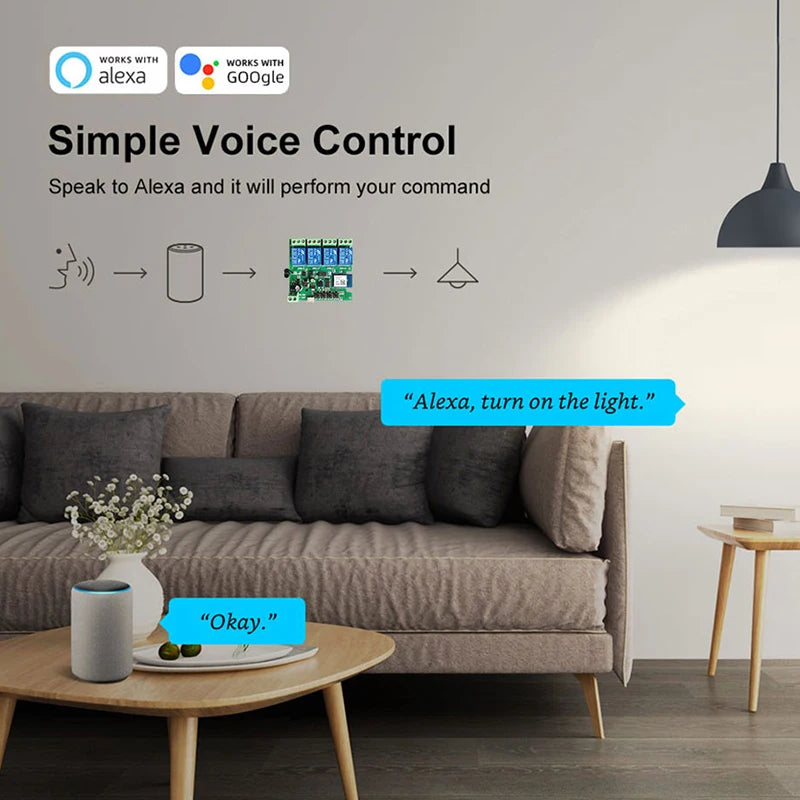 4CH Tuya Smart Life Wireless Wifi Switch Module WI FI APP Remote Control DC 12V 24V AC 220V RF Receiver 10A Smart Relay Alexa