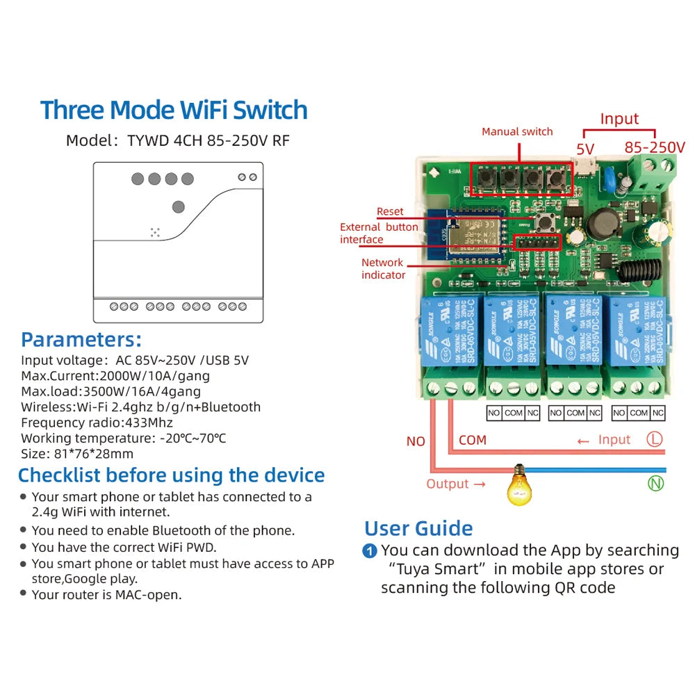 4CH Tuya Smart Life Wireless Wifi Switch Module WI FI APP Remote Control DC 12V 24V AC 220V RF Receiver 10A Smart Relay Alexa