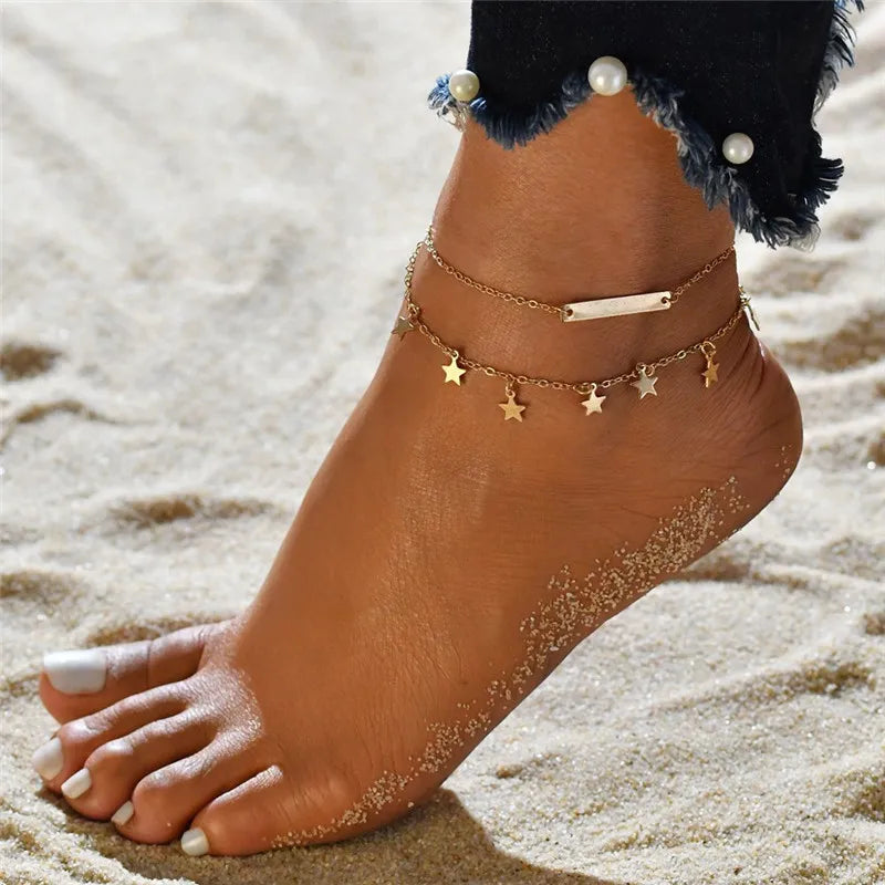 LETAPI Two Layers Chain Heart Style Gold/Silver Color Anklets For Women Bracelets Summer Barefoot Sandals Jewelry On Foot Leg - You Offer